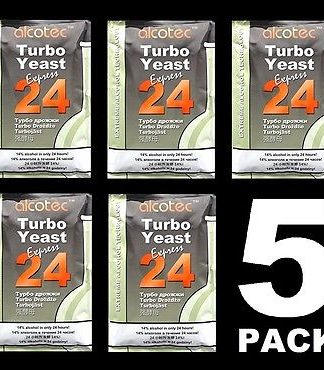 TURBO YEAST 5 PACK 24 HOUR TURBO YEAST ALCOTEC 20% ALCOHOL FOR THE WHISKEY STILL
