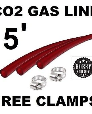 RED GAS LINE CO2 HOSE 5′ TRANSPARENT TUBING 5/16 ID X 9/16 THICK-WALL TUBE w/CLAMPS