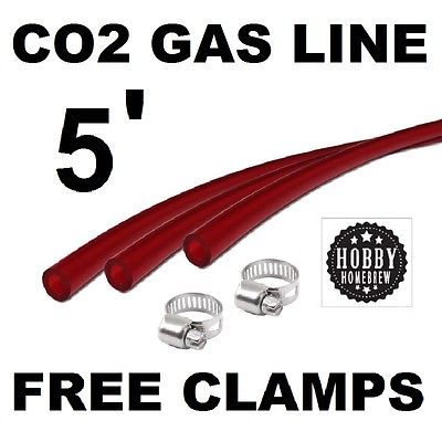 RED GAS LINE CO2 HOSE 5′ TRANSPARENT TUBING 5/16 ID X 9/16 THICK-WALL TUBE w/CLAMPS