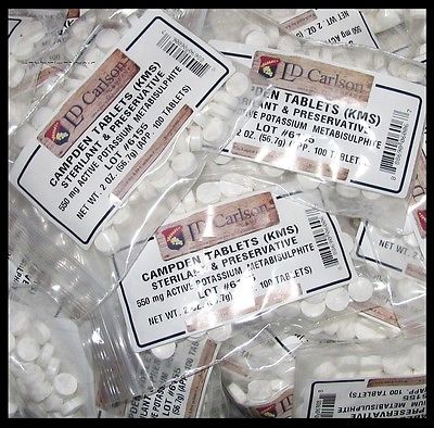 CAMPDEN TABLETS 2oz NEW FRESH FACTORY PACKED POTASSIUM METABISULFITE LOT OF APPROX 100 PILLS