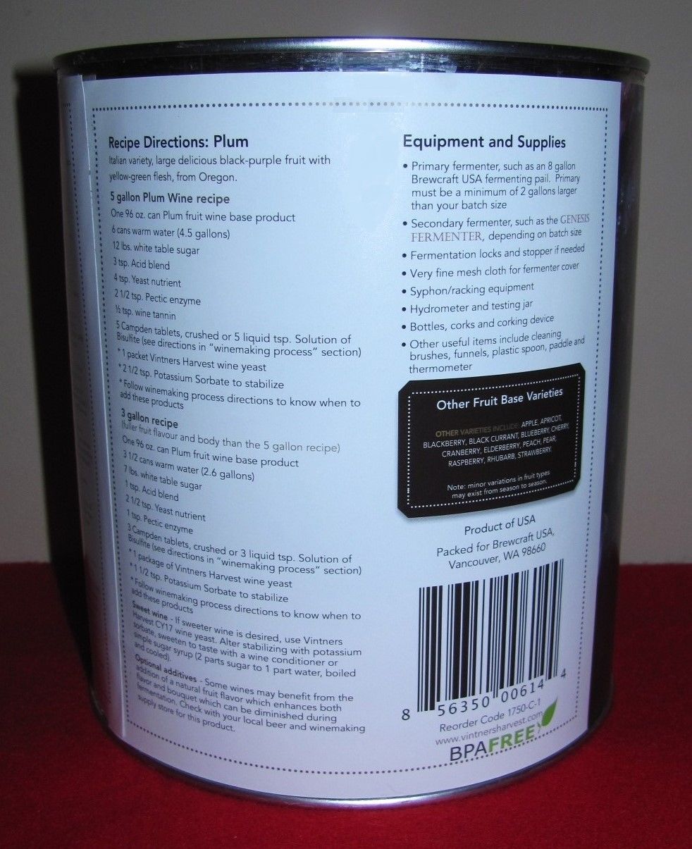 WINE KIT PLUM WINE CANNED FRUIT BASE 96oz #10 CAN VINTNERS HARVEST 3-5 GAL - Image 3