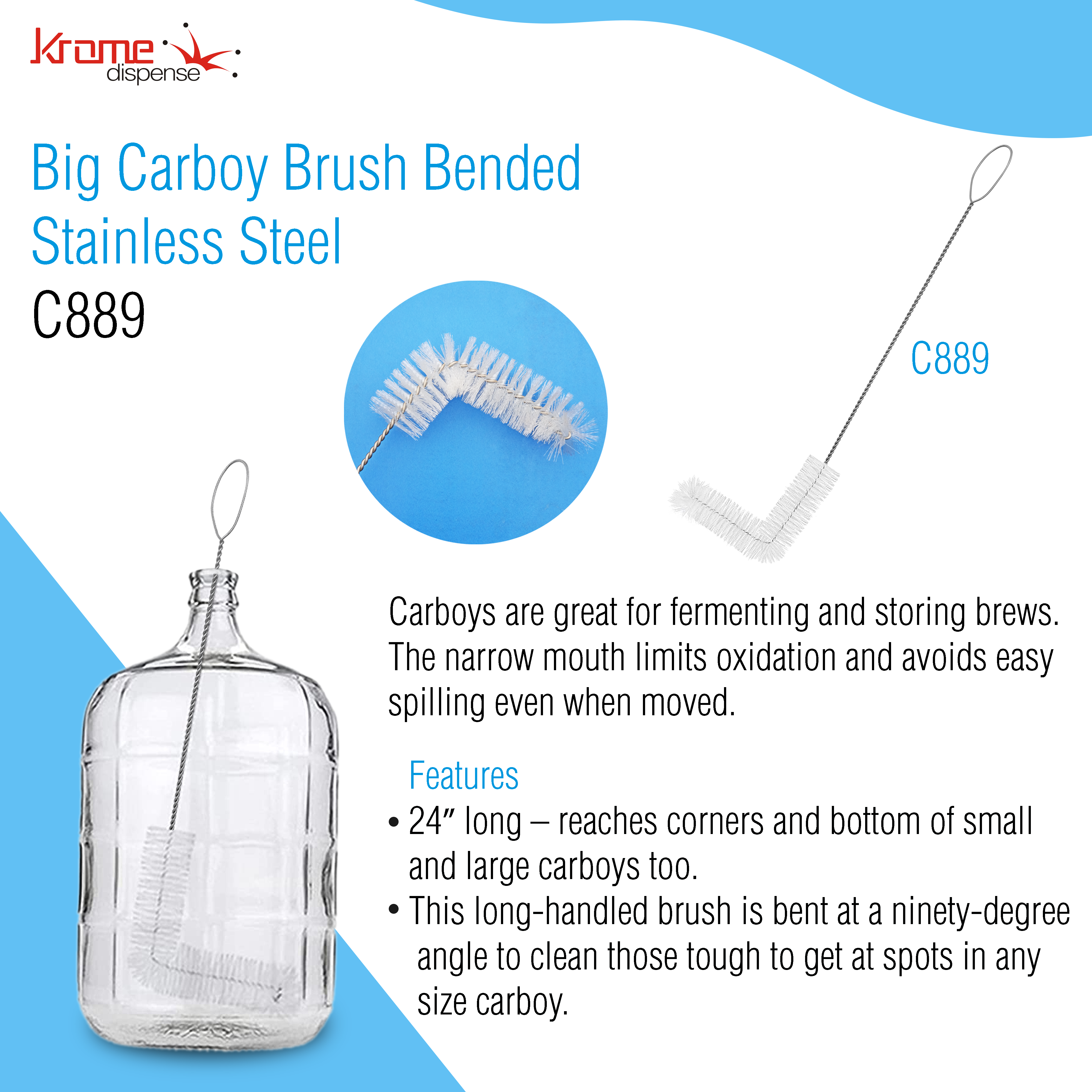 CARBOY BRUSH Stainless Steel Shaft with Soft White Bristles for Glass Carboy - Image 6