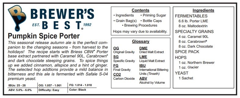 BEER KIT PUMPKIN SPICE PORTER MAKES 5 GALLONS BREWERS BEST INGREDIENT KIT #1062 - Image 6