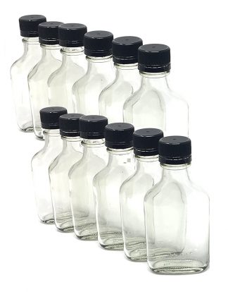 TINY WHISKEY FLASKS BY THE CASE 12 BRAND NEW CLEAR GLASS 100ml BOTTLES w/CAPS