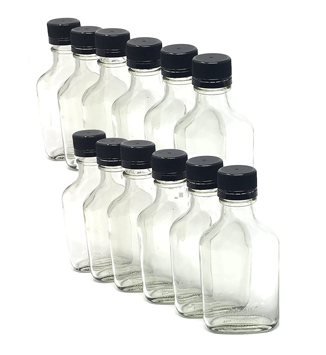 TINY WHISKEY FLASKS BY THE CASE 12 BRAND NEW CLEAR GLASS 100ml BOTTLES w/CAPS