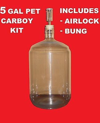 PET CARBOY KIT 5 GAL w/AIRLOCK and BUNG FOR SECONDARY FERMENTATION OF BEER and WINE