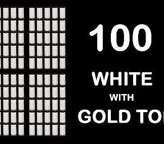 SHRINK CAPSULES 100 WHITE w/GOLD TOP PVC HEAT SHRINKS FOR WINE MAKING BOTTLES