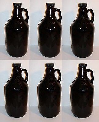 BEER GROWLERS 6 NEW HALF GALLON AMBER GLASS JUGS w/CAPS BREWING BOTTLES 1/2 GAL