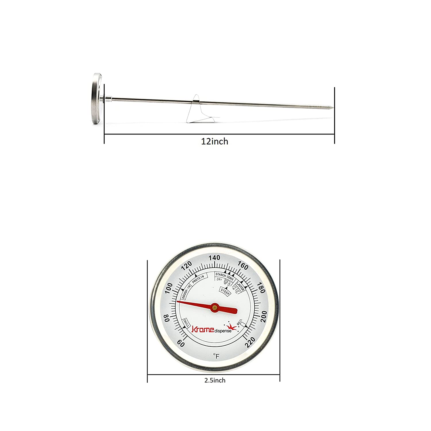 BREWING THERMOMETER Side Clip Type Marked for Mash Stages 2.5" Dial 12" Stem Stainless Steel Krome Dispense C6912 - Image 6