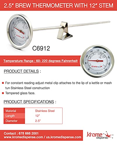 BREWING THERMOMETER Side Clip Type Marked for Mash Stages 2.5" Dial 12" Stem Stainless Steel Krome Dispense C6912 - Image 5