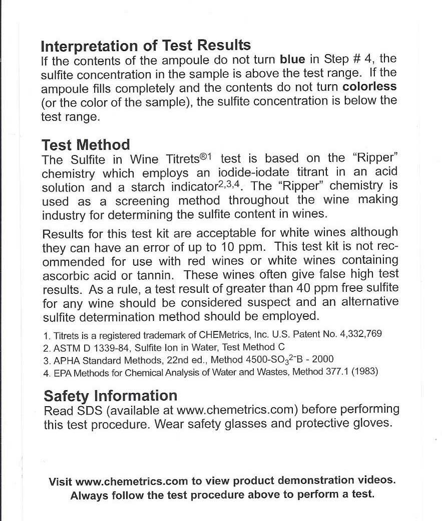 TITRETS Sulfite in Wine Test Kit CHEMetrics K-9610W 10-100 ppm Range as Sulphur Dioxide(SO2) 10 ppm MDL - Image 3