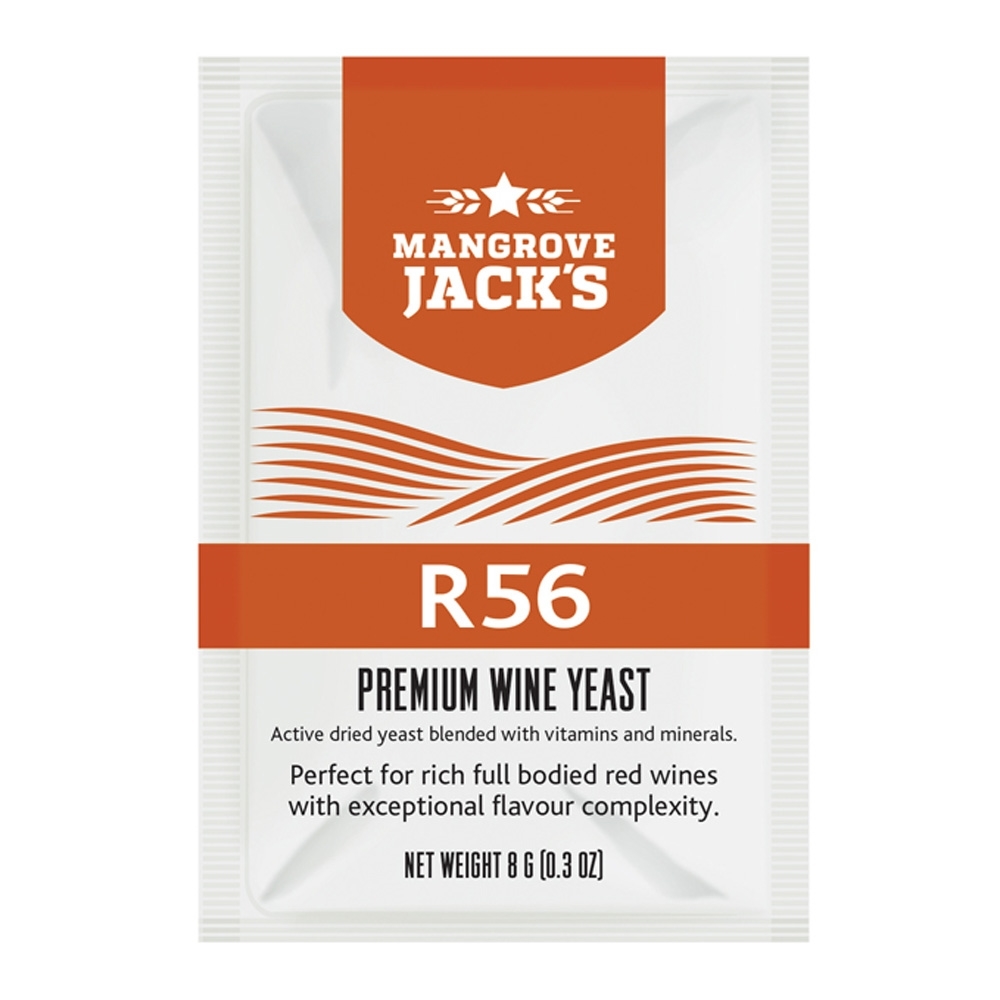 R56 Wine Yeast from Mangrove Jack's 8g Packet enhances body and mouthfeel, making for interesting fruit-driven red wines