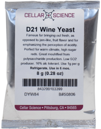 Lalvin ICV-D-21 D21 WINE YEAST Languedoc for Merlot, Syrah, Zinfandel, Cabernet Sauvignon, Chardonnay Celler Science 8g Packet