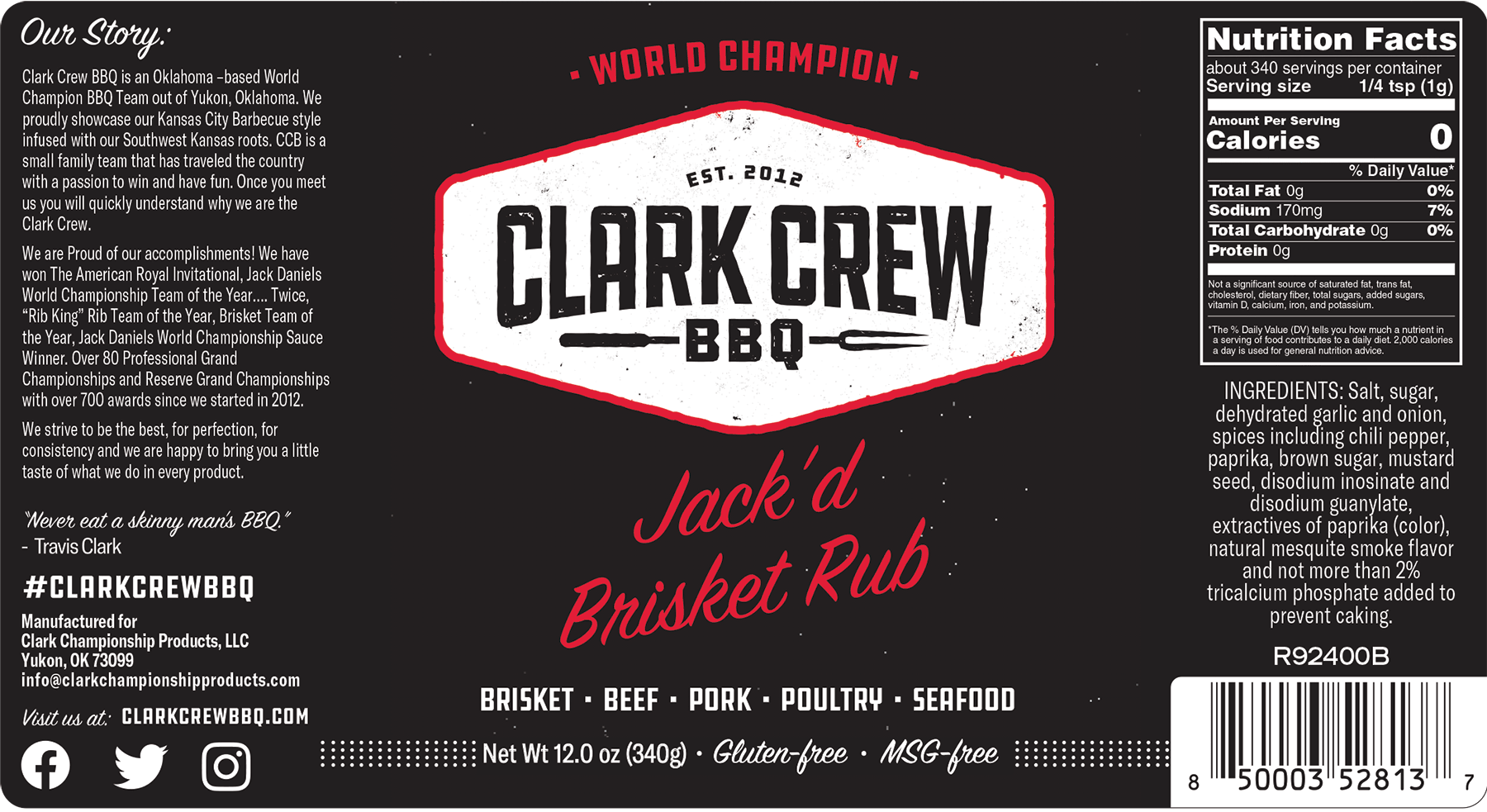 SUPER CHAMPIONS Clark Crew JACKED BRISKET BBQ Rub (Jack'd Brisket) 12oz Shaker Bottle - Image 2