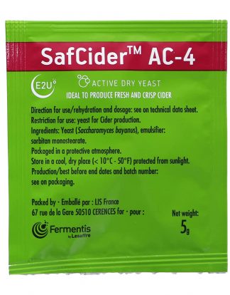 Safcider AC-4 CIDER YEAST Single 5 Gram Pack for Wet or Dry Ciders:  Intensely fresh aromatic profile and crisp mouthfeel