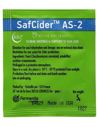 Safcider AS-2 CIDER YEAST Single 5 Gram Pack for Wet or Dry Ciders:  Best cider yeast for aromatics