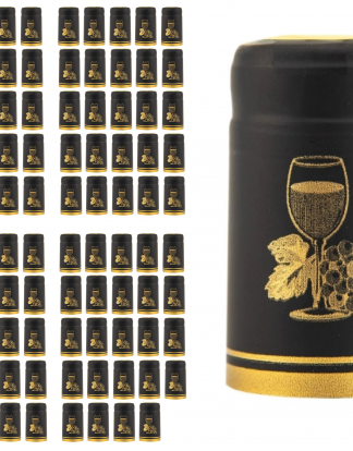 GOLD CUP Winery Quality SHRINK CAPSULES 100 MATTE BLACK with GOLD CUP Metallic PVC Heat Shrink Capsules