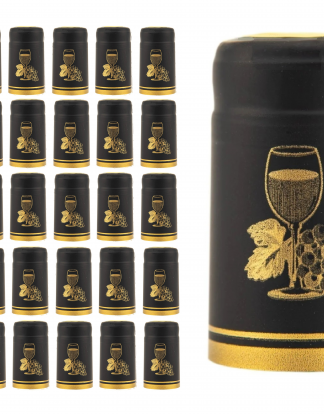 Winery Quality SHRINK CAPSULES 30 MATTE BLACK with GOLD CUP Metallic PVC Heat Shrink Capsules