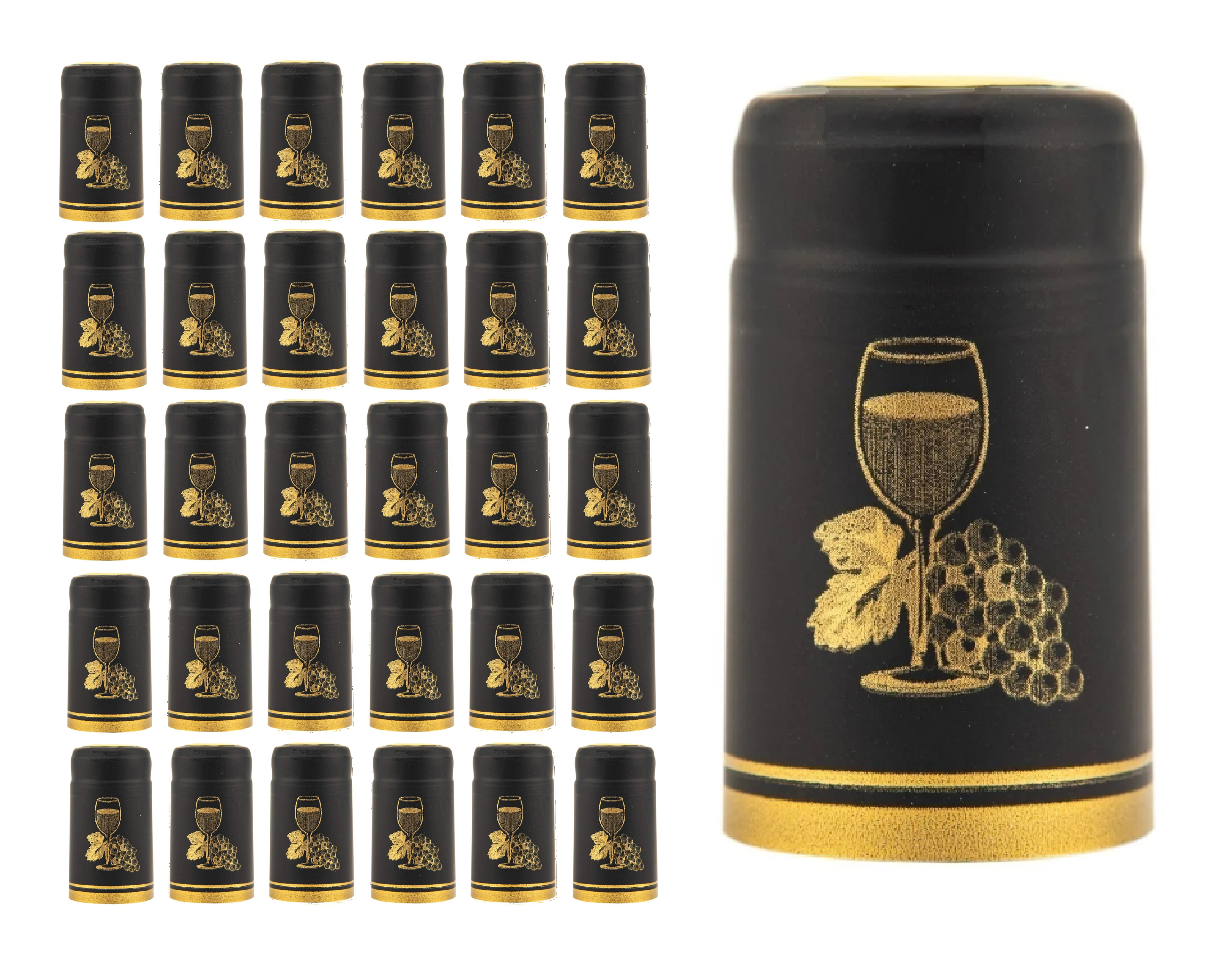 Winery Quality SHRINK CAPSULES 30 MATTE BLACK with GOLD CUP Metallic PVC Heat Shrink Capsules